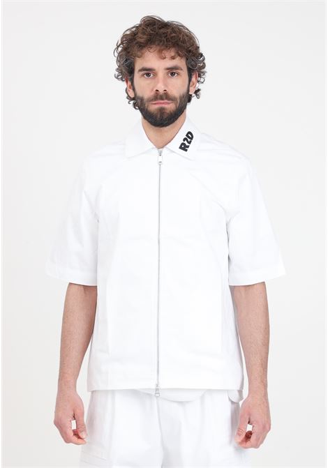 White men's shirt with black logo patch on the collar READY 2 DIE | R2D2302